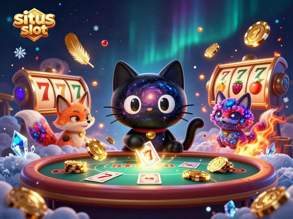 Illustration of situs slot action at a cosmic casino table, featuring charismatic characters and energetic elements.
