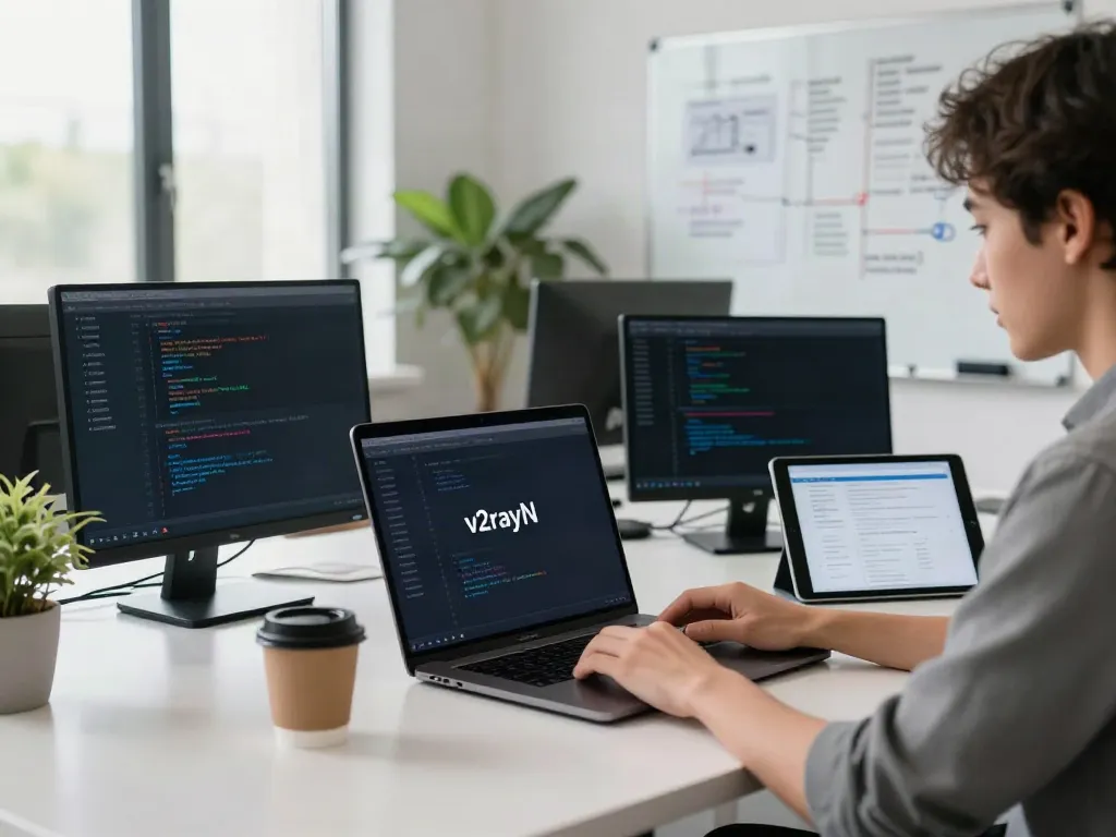 Active software developer configuring v2rayN in a modern tech workspace.