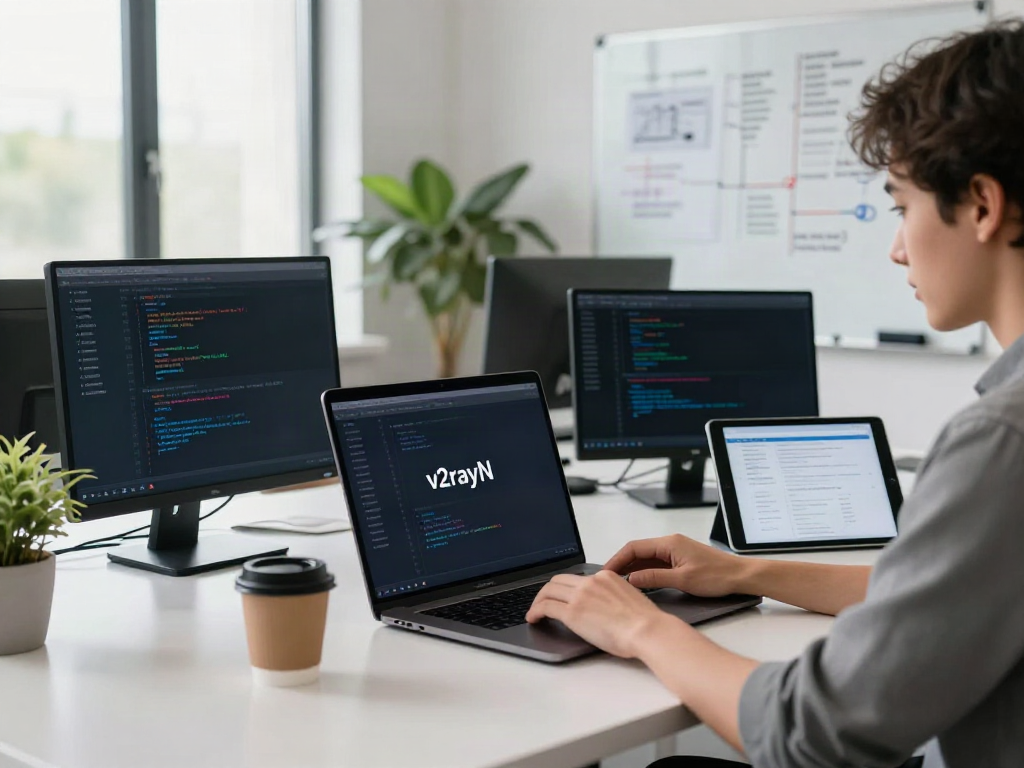 Active software developer configuring v2rayN in a modern tech workspace.