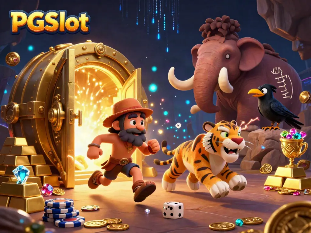 Experience thrilling PGSlot action with cartoon cavemen and treasure elements at a prehistoric casino.