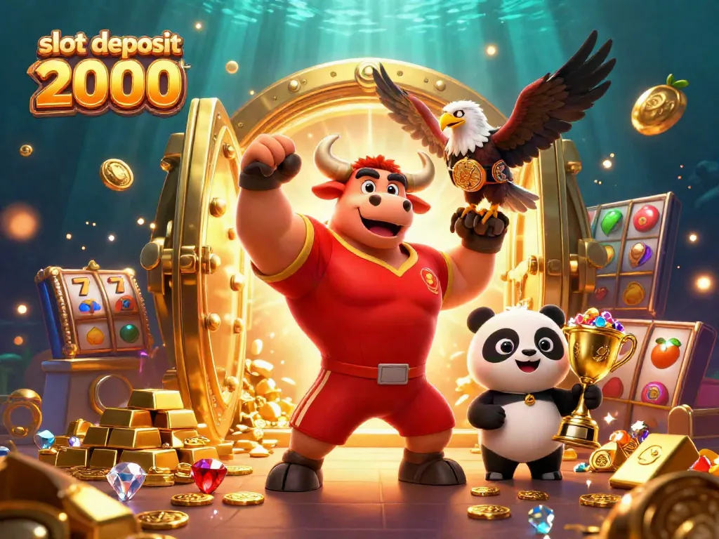 Engage in the excitement of slot deposit 2000 with colorful characters celebrating big wins amidst golden treasures.