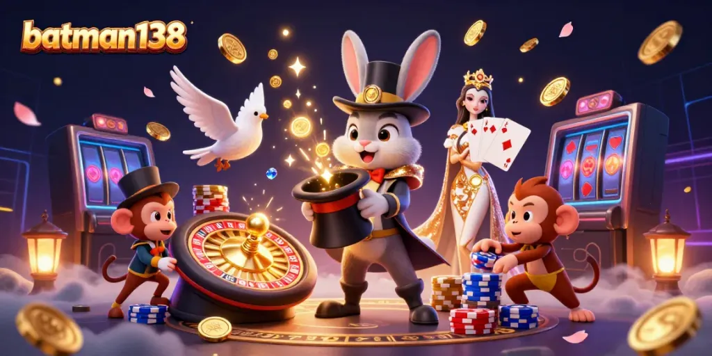 Experience the excitement of batman138 with a 3D magician rabbit and casino-themed elements in an enchanting scene.