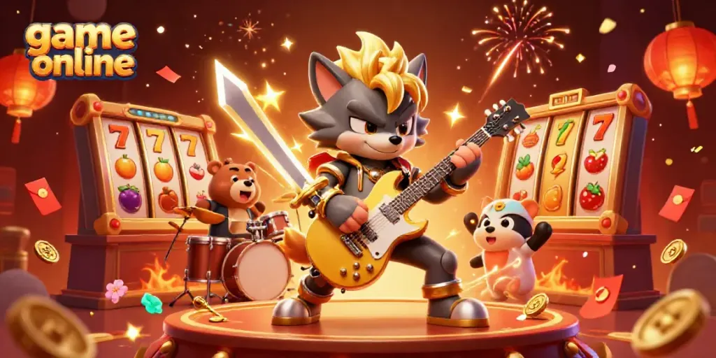 Engaging illustration of a rock star wolf in a casino setting, embodying the thrill of game online.