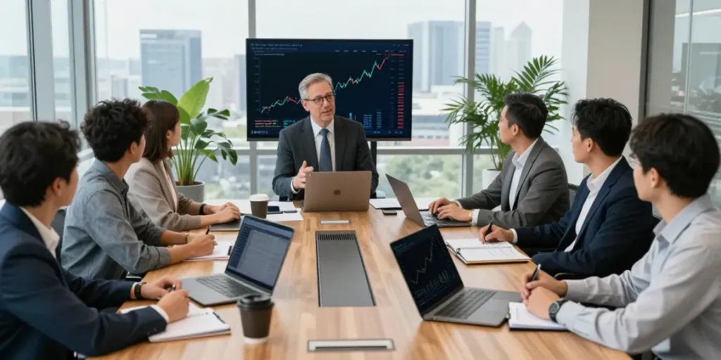 Mark Litwin Marrisa Holdings in a strategy meeting with a diverse financial team.