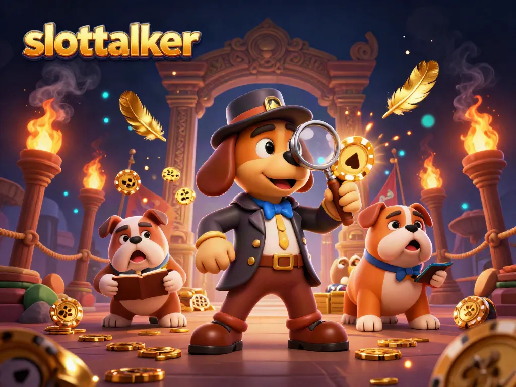 Detective bloodhound slottalker examines a winning poker chip in a vibrant casino scene.